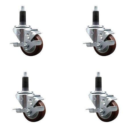 Service Caster 3'' SS Maroon Poly Swivel 1-1/8'' Expanding Stem Caster Set with Brake, 4PK SCC-SSEX20S314-PPUB-MRN-TLB-118-4